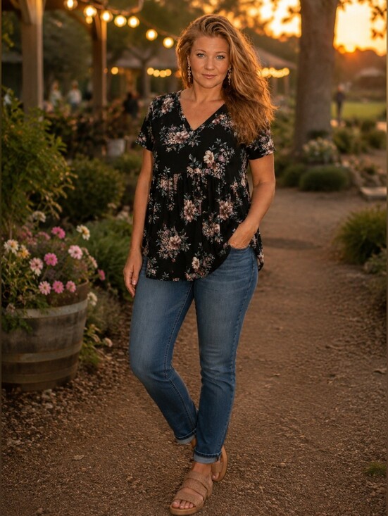 torrid Tops - torrid Black Floral V-Neck Peplum Top